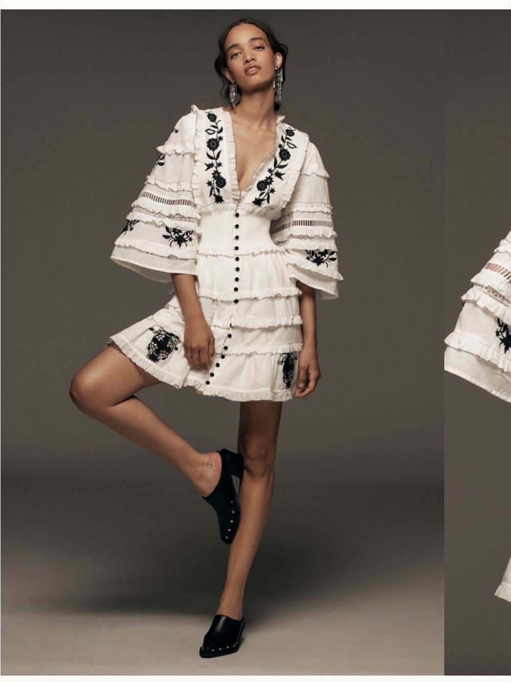 Anthropologie Embroidered V-Neck Ruffled Mini Dress size L